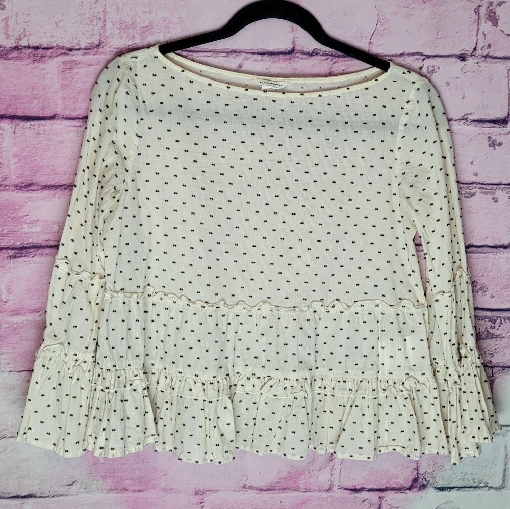CLUB MONACO PEIBI CREAM WIDE NECK RUFFLE DOT PRINT BLOUSE XS